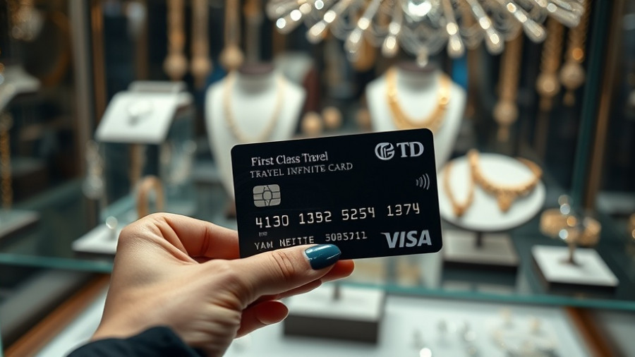 Hand shows TD First Class Travel Visa Infinite Card by jewelry.