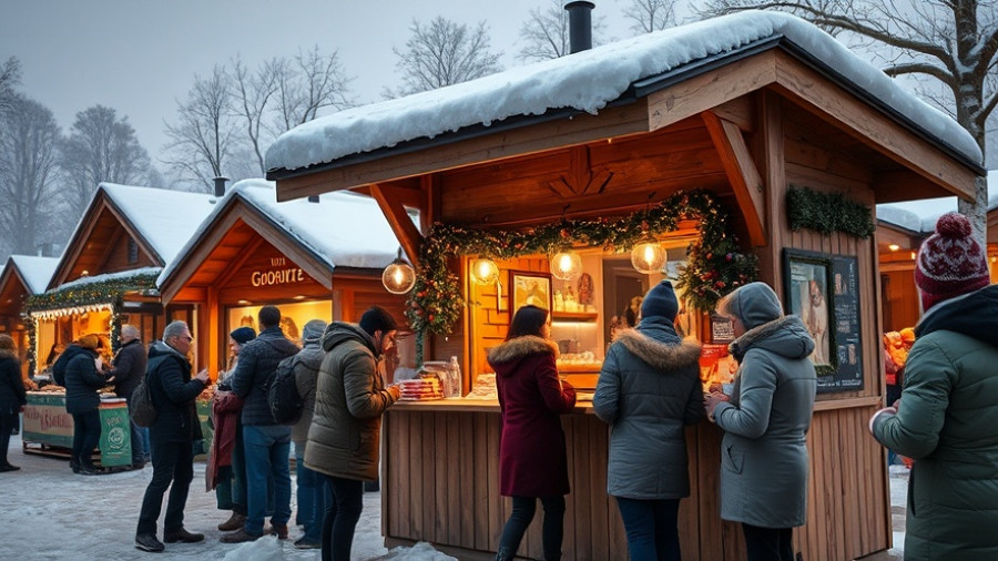 People at Stockholm Christmas Market 2025 enjoying treats, snow-covered cabin stall.