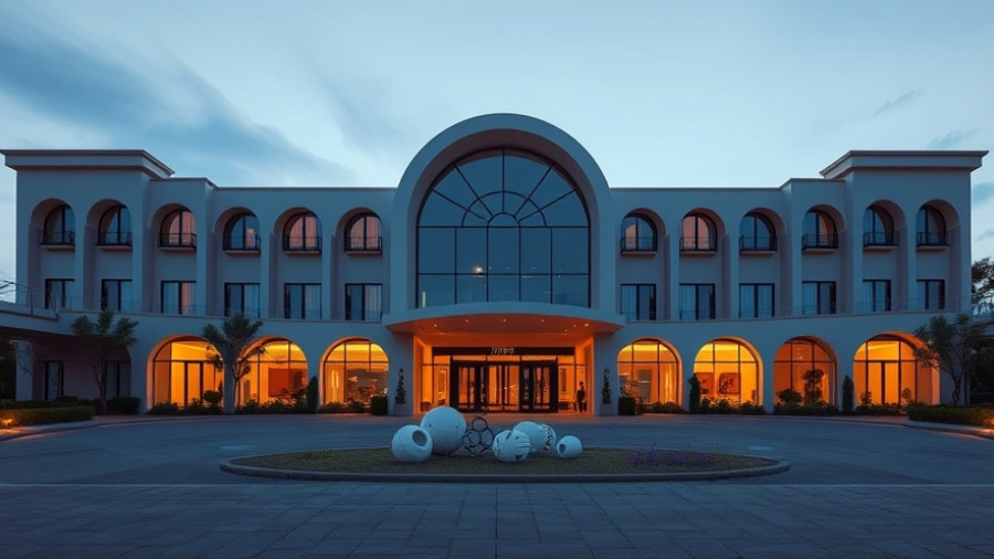 Elegant facade of One MICHELIN Key hotel Hong Kong with arches at dusk.