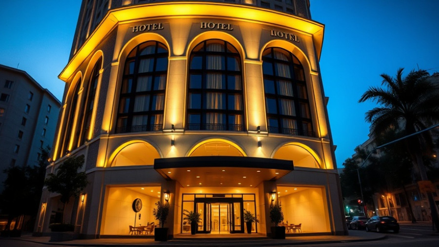 Modern hotel building with illuminated arches at dusk, One Michelin Key