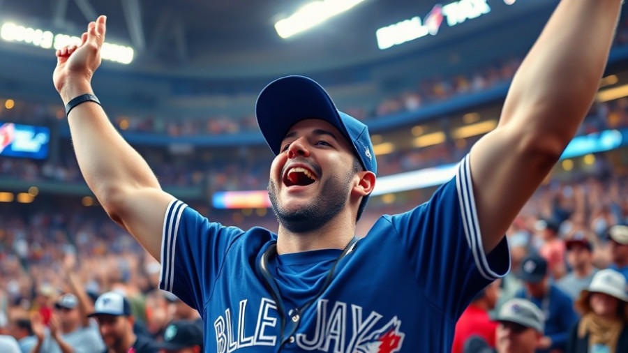 Joyful celebration of Toronto Blue Jays in stadium under bright lights.