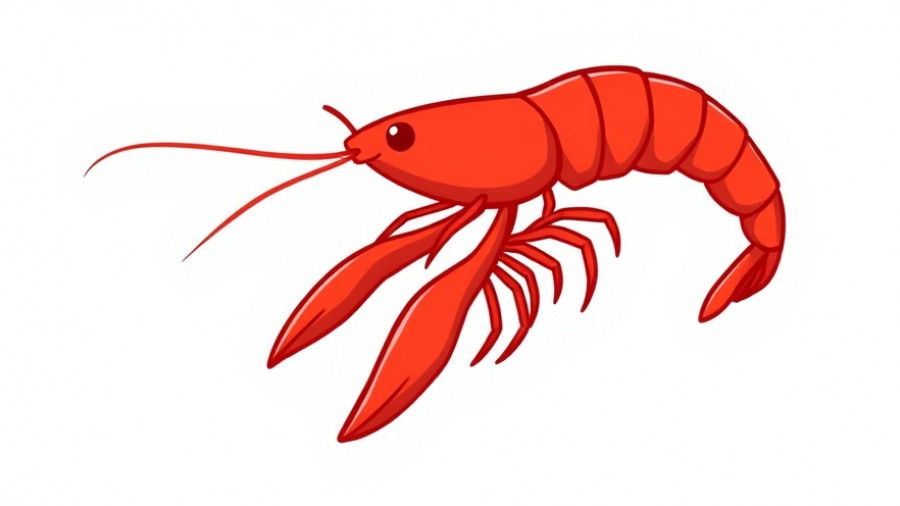 Vibrant red cartoon shrimp illustration, simple design.