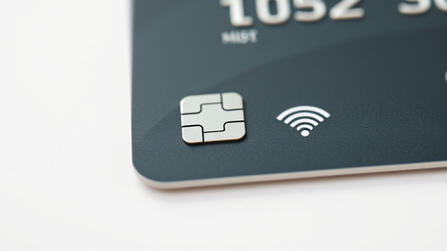 Close-up of credit card chip and wireless symbol on a minimal background.