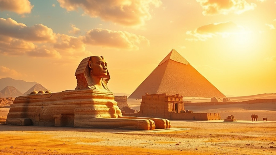 Great Sphinx and Pyramid under bright sky, Egypt travel.