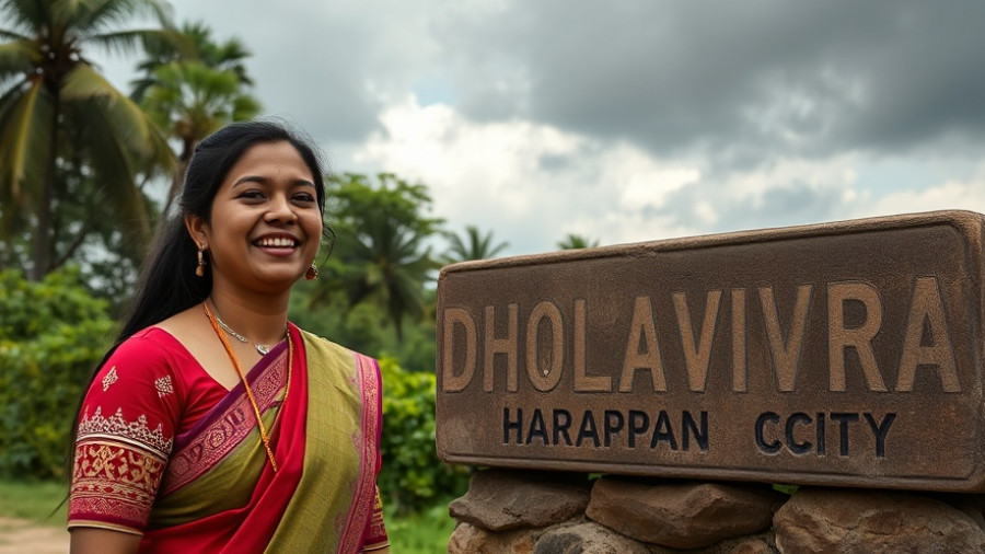 Dholavira Harappan City sign with smiling woman in traditional attire.