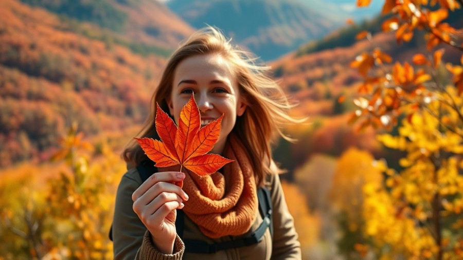 Smiling woman enjoying autumn hike in Manchester, Vermont overlooking mountains.