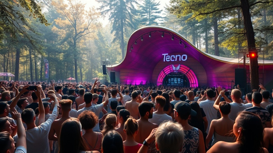 Crowd at open-air techno festival in Europe with unique stage.