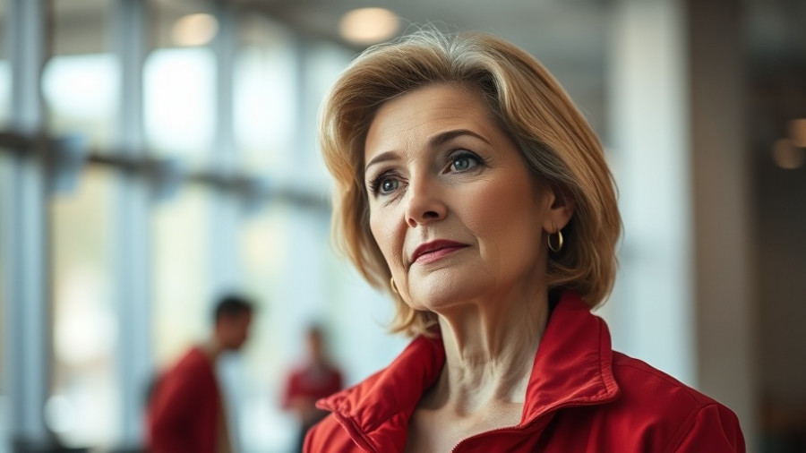 Thoughtful woman in red jacket at a modern venue.