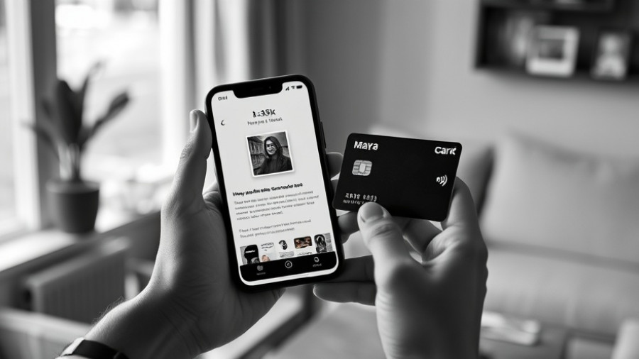 Monochrome photo of Maya Black Express Credit Card and app display.