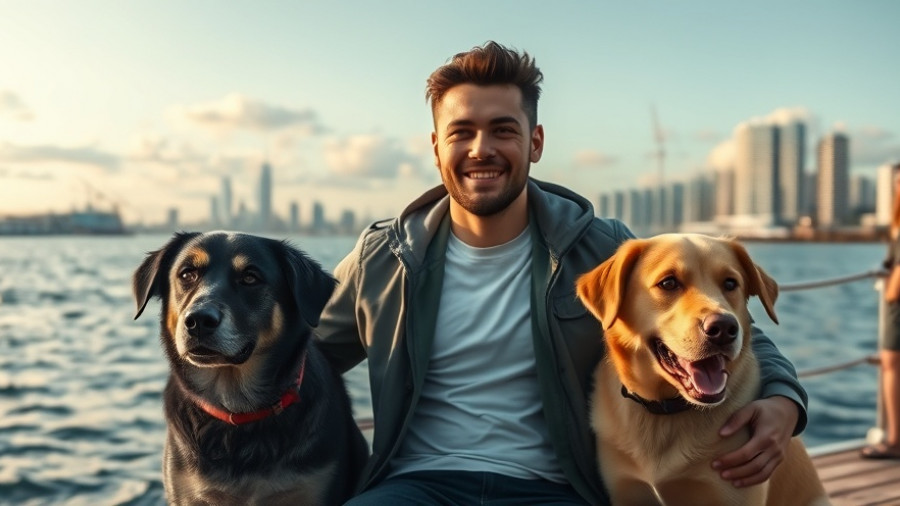 Young man with dogs by water, serene waterfront scene