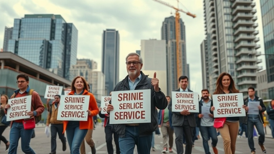 Public service workers holding strike signs, urban protest, cloudy day