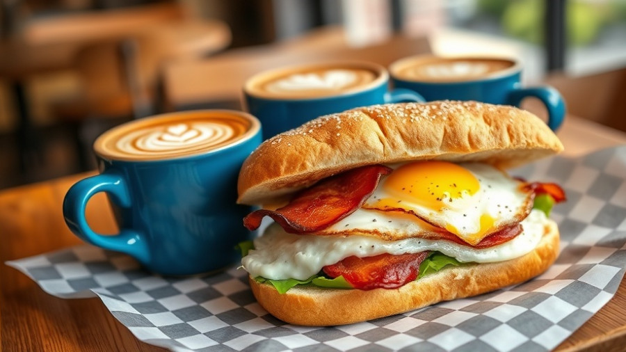 Golden breakfast sandwich and coffee at Nordic spa café.