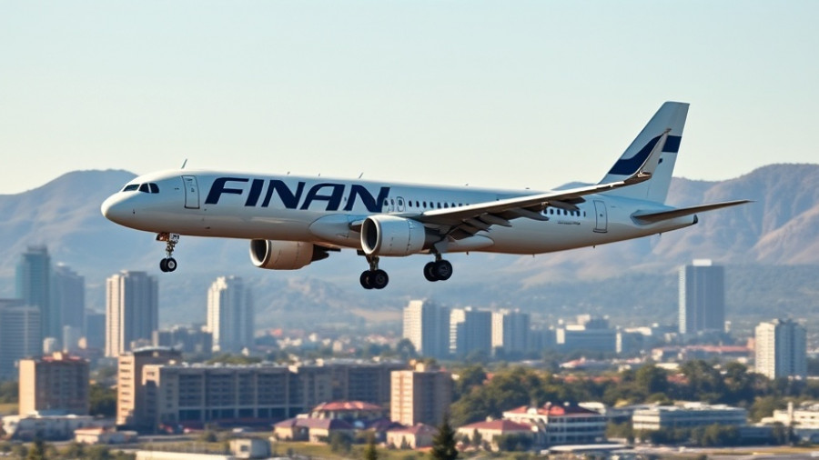 Finnair airplane landing over cityscape, clear sky, Finnair Plus.