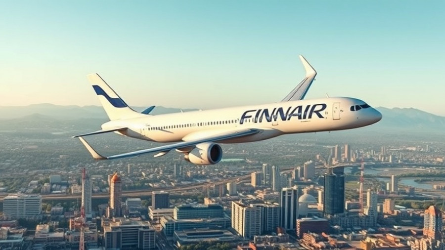 Finnair airplane flying over cityscape - Buy Finnair Plus Avios Discount.