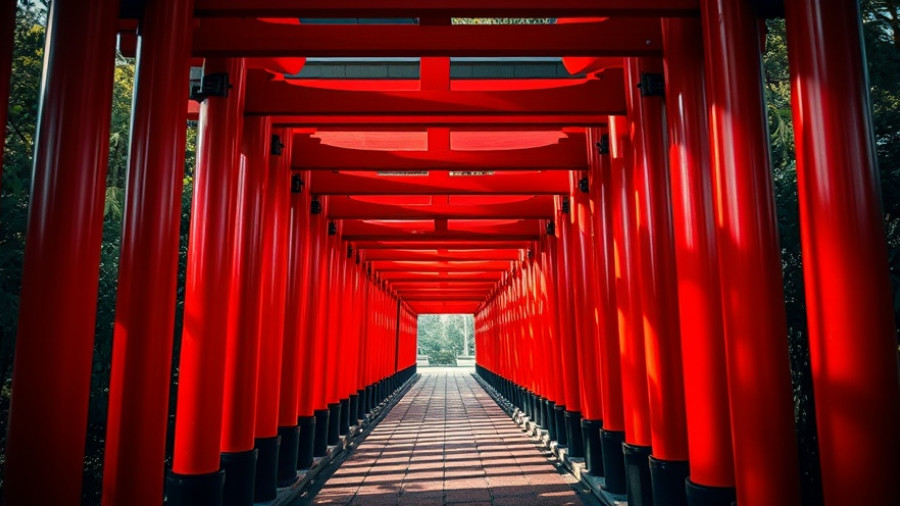 Vibrant red torii gate pathway in Kyoto showcasing its serene ambiance.