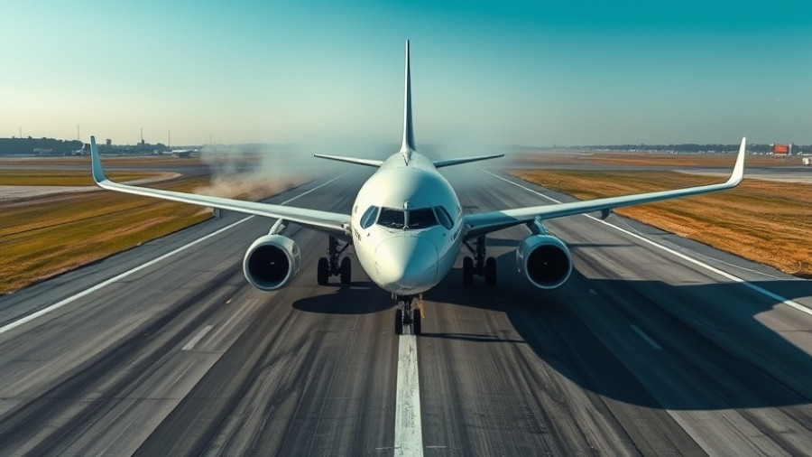 Aerial view of airplane taxiing on runway, clear day at airport.