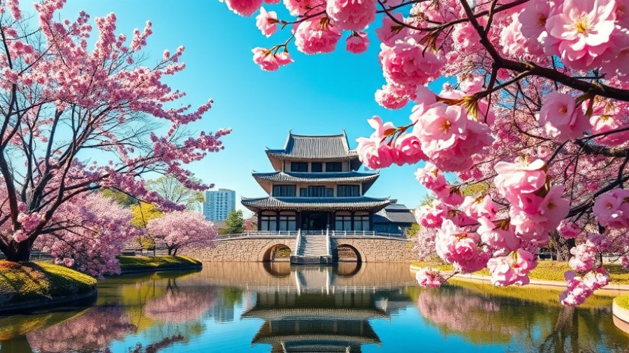 Serene Korean palace with cherry blossoms, travel alternatives.