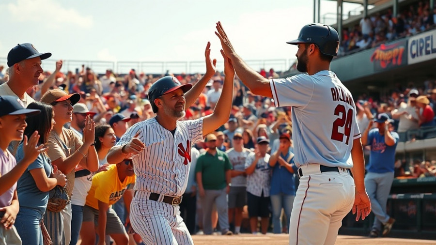 Alejandro Kirk Mural Tijuana: Baseball player high-fives coach as fans cheer enthusiastically.