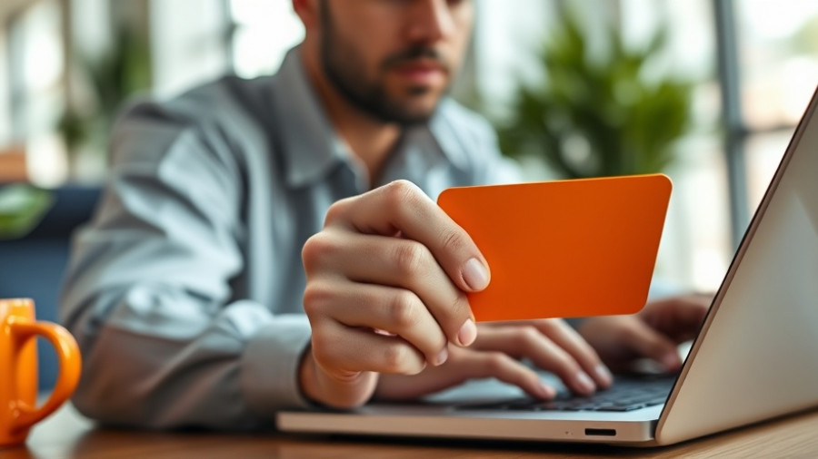 Person using cash back credit card in Canada, near laptop and orange mug.