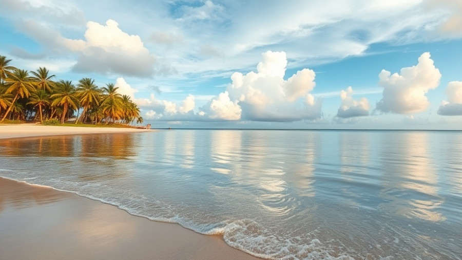 Peaceful Santa Teresa beach at sunset, reflecting palm trees.