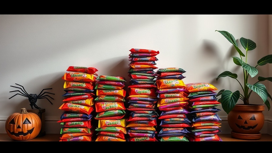 Various bags of Halloween candy stacked against a wall, highlighting Halloween candy prices in Vancouver.