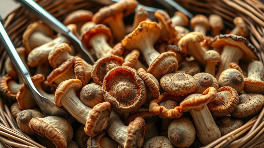 Rustic basket filled with shiitake mushrooms, highlighting earthy textures.