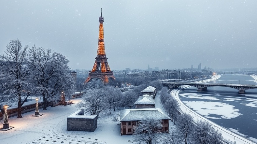 Snowy Eiffel Tower during winter visit to Paris.