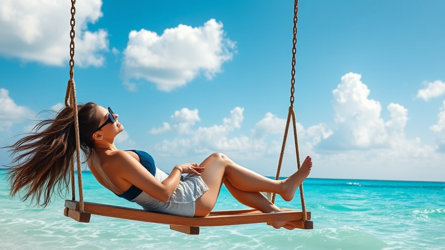 Enjoying Secret Beach Ambergris Caye on a swing over clear waters.