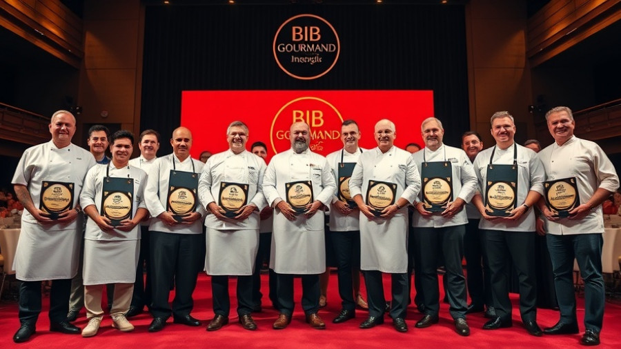 Bib Gourmand winners Philippines on stage with plaques, red backdrop.