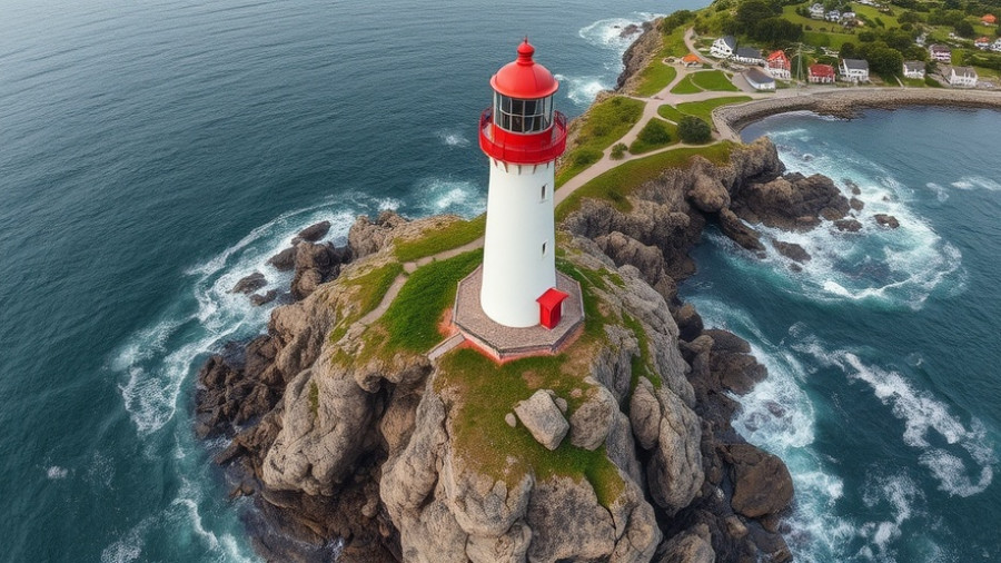 Aerial view of Peggy's Cove lighthouse on rocky coast