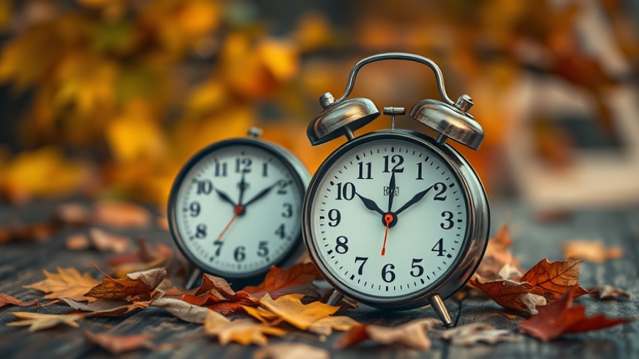 Vintage clock with autumn leaves, symbolize abolish daylight saving time.