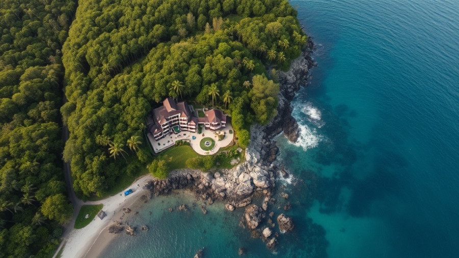 Aerial view of Oceanstone Resort by the ocean.