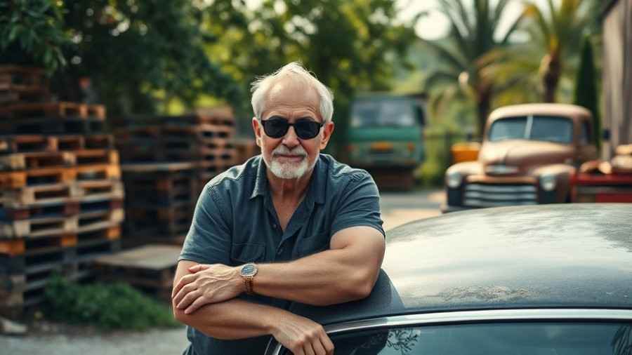 A middle-aged man leaning on a car in a yard, related to B.C. vehicle transfer laws.