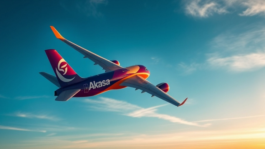 Akasa Air plane with vibrant livery flying during sunset, symbolizing international expansion.
