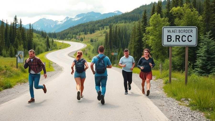 Individuals crossing border illegally in B.C., rural road backdrop.