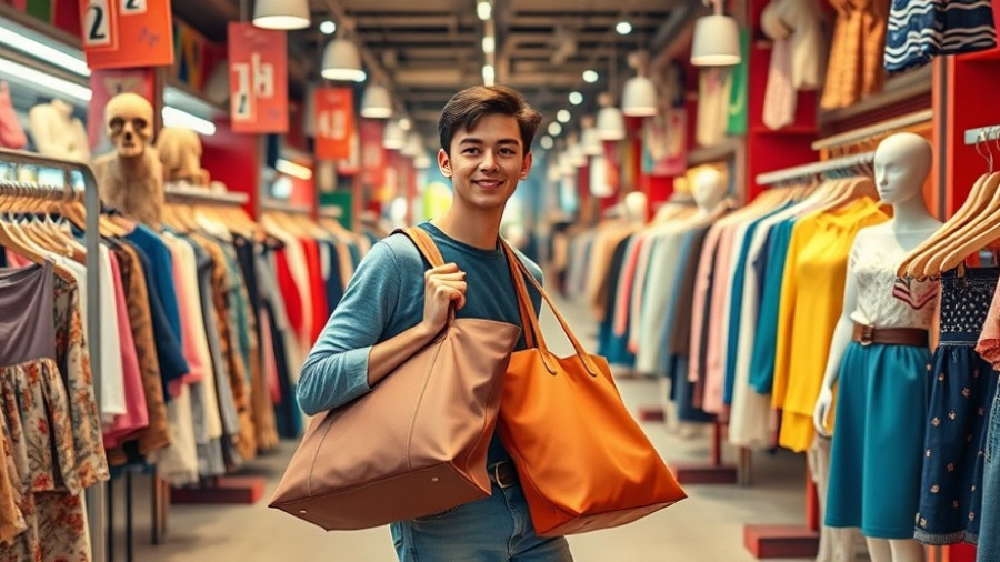 Bangkok shopping scene with tote bags and clothes racks.