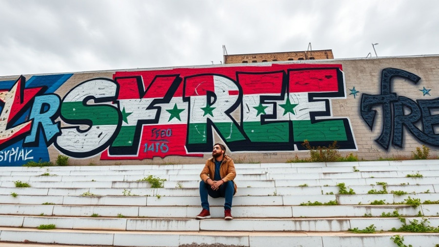 Mural with Syrian flag colors and 'FREE'; travel to Syria in 2025.