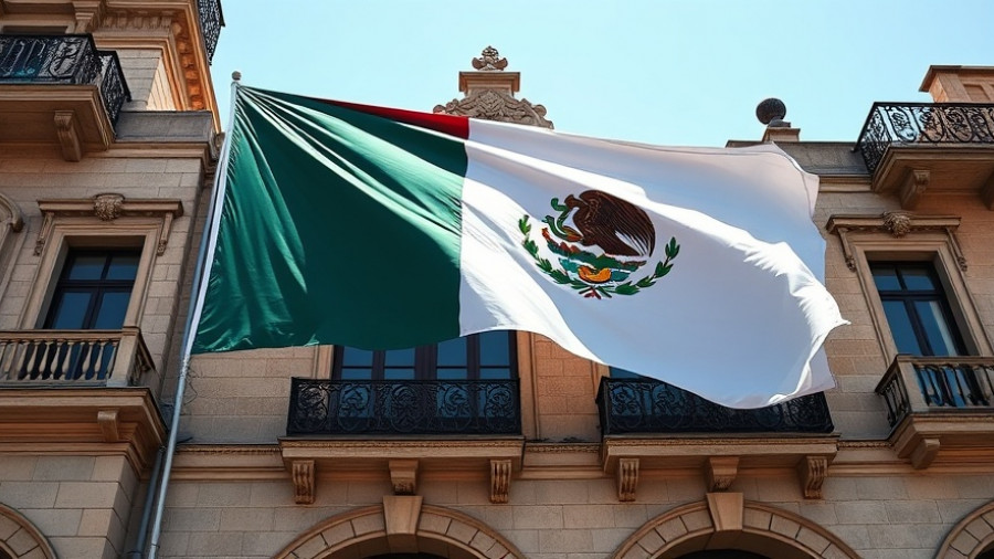 Vibrant Mexican flag displayed on historic building in Mexico City.
