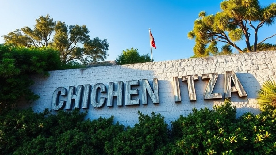 Entrance sign of Chichen Itza on a sunny day, near Playa del Carmen.