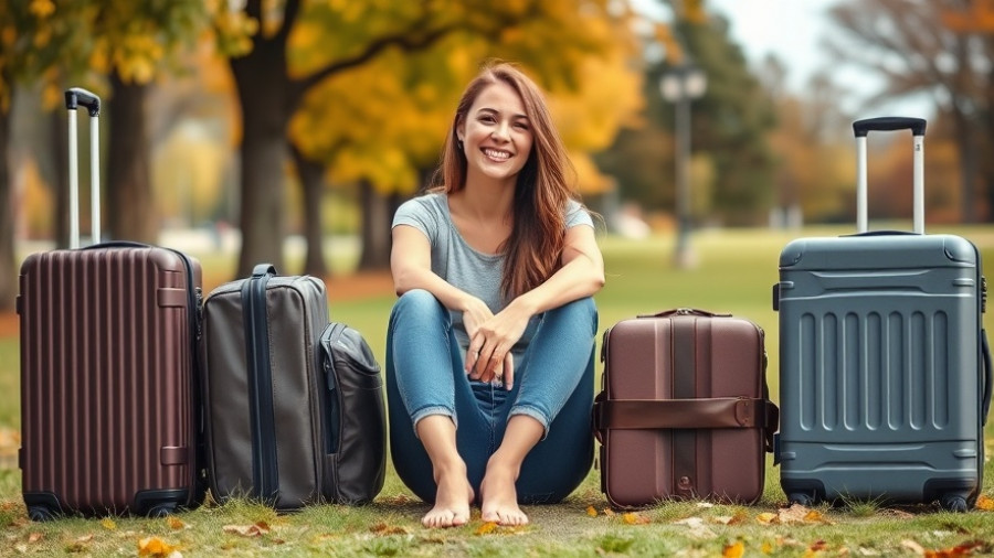 Young woman comparing Monos vs. Away luggage in sunny park setting.