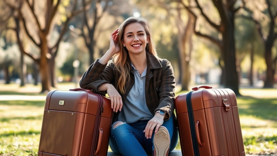Casual young woman with best suitcases with lifetime warranty outdoors.