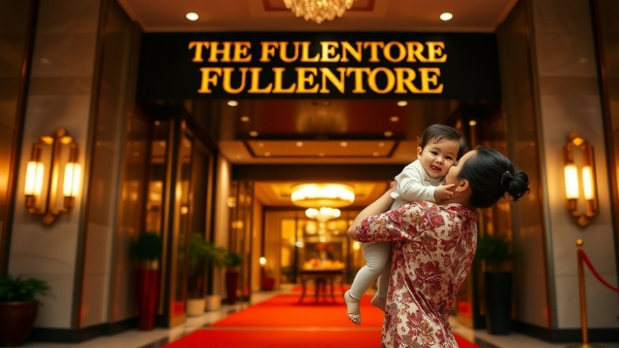 Luxury Family Stay at The Fullerton Singapore, mother lifting child by hotel entrance.