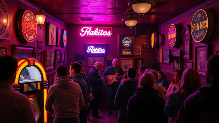 Open mic at Nostalgija with vintage decor and audience.