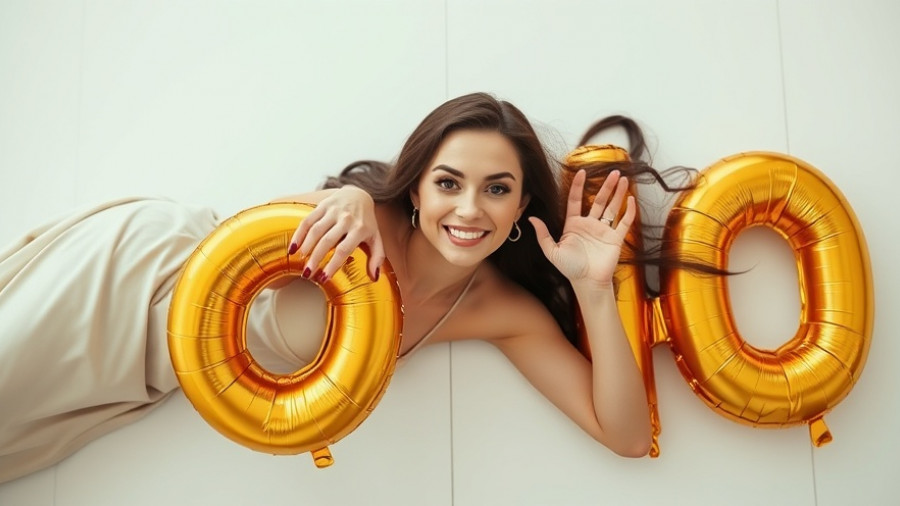 Elegant woman at 40 making a hush gesture with gold balloons.