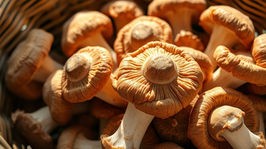 Fresh shiitake mushrooms in a woven basket.