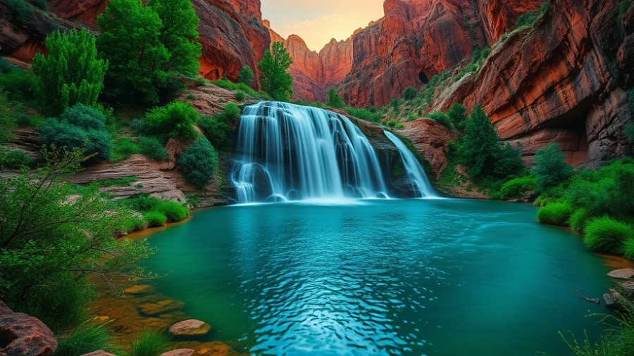 Beautiful canyon waterfall with turquoise pool and sunset lighting.