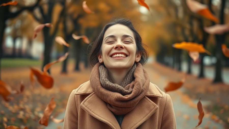 Woman embracing happiness in autumn leaves.