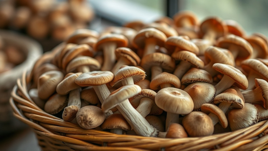 Shiitake mushrooms in a woven basket showcasing earthy tones.