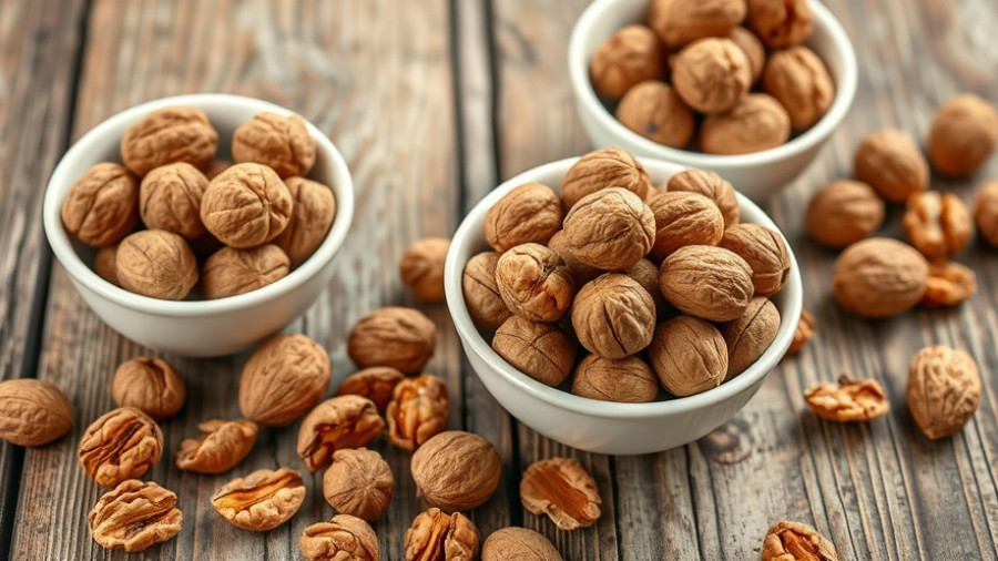 Rustic walnut display showcasing the benefits of eating walnuts.