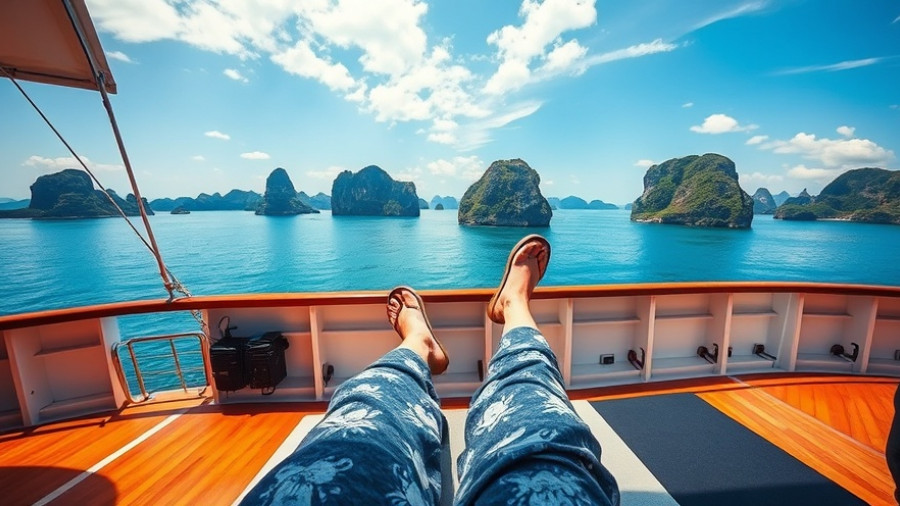 Person relaxing on Bai Tu Long Bay cruise with stunning view.